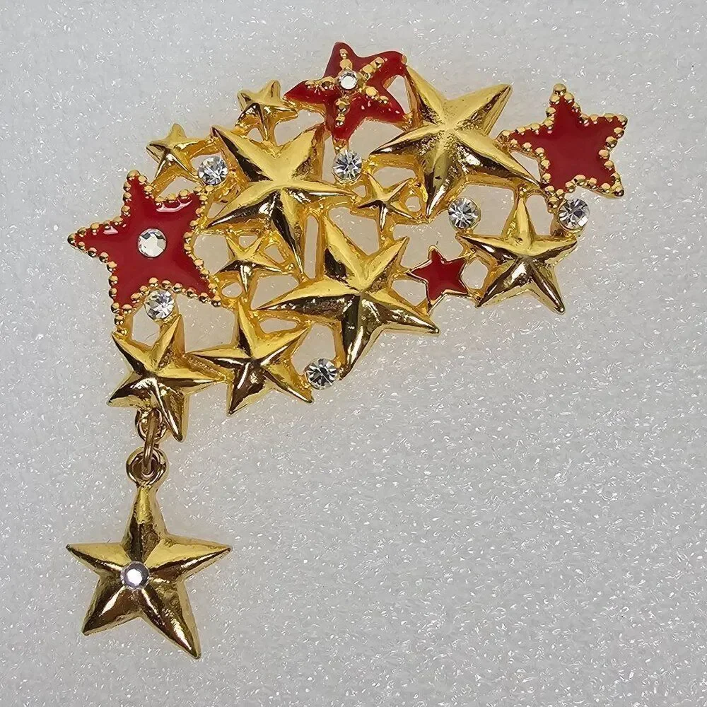 Vintage Shooting Star Cluster Brooch Pin Massive Statement Red Enamel Rhinestone